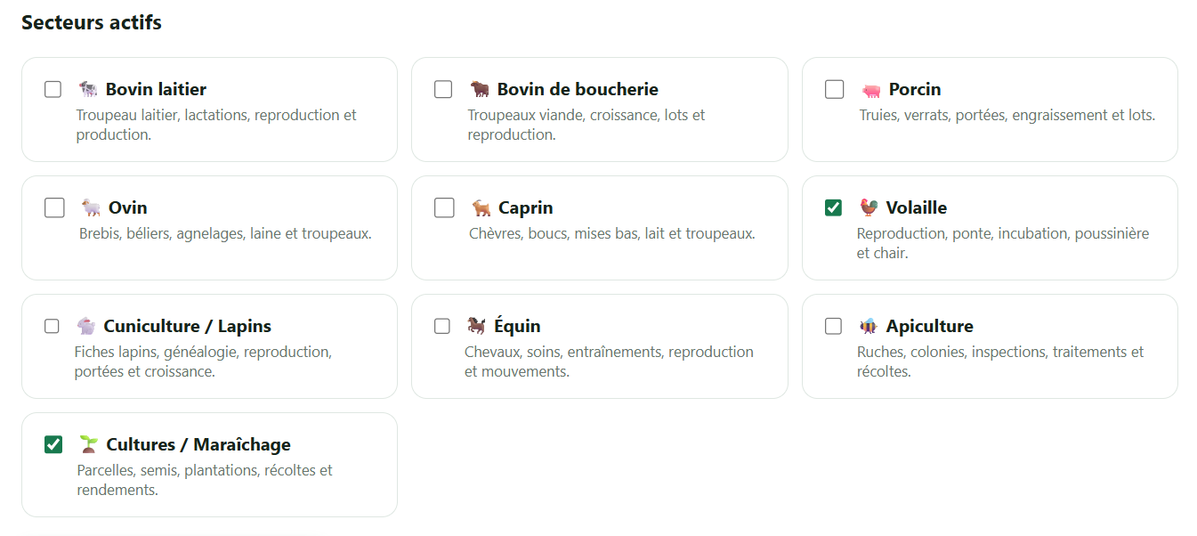 Écran de sélection des secteurs agricoles AgriNoryx